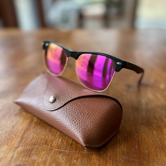 Ray-Ban Clubmaster Matte Black Frame on Gold Pink Reflective Lenses Sunglasses - Picture 2 of 6